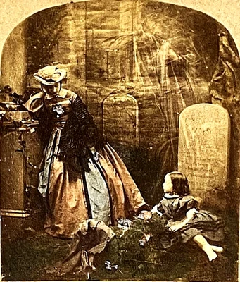 painted tinted stereoview photo stereo Mother's grabe UK ca 1860 young girl - Image 1 of 3