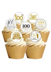 Cake Toppers Age 100 100th Happy Birthday 24 Precut Edible Wafer Paper Decorate - Picture 1 of 8