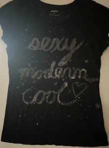 EXPRESS Ladies Medium Tee Sheer Black "Sexy Modern Cool" Poly/Cotton Blend EUC - Picture 1 of 3
