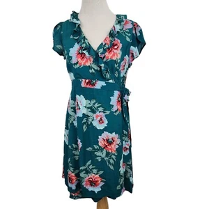 Minkpink Dress Women's Medium Wrap V-Neck Short Sleeve Floral Ruffle Mini Dress - Picture 1 of 7