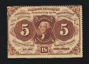 US 5¢ First Issue w/o ABC Fractional Currency Note FR 1229 AU-CU (-002) - Picture 1 of 2