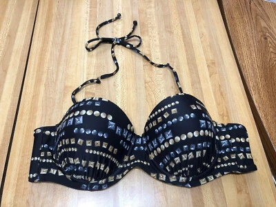 Bongo Black Metallic Stud Art Print Halter Bikini Top Underwire Push Up Size L - Image 1 of 4