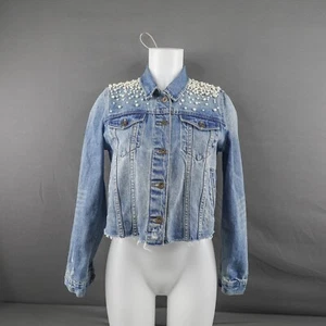 Womens Denim Jacket Small Blue Beaded Y2K Cutoff Crop Indie Artsy Rock Grunge - Picture 1 of 13