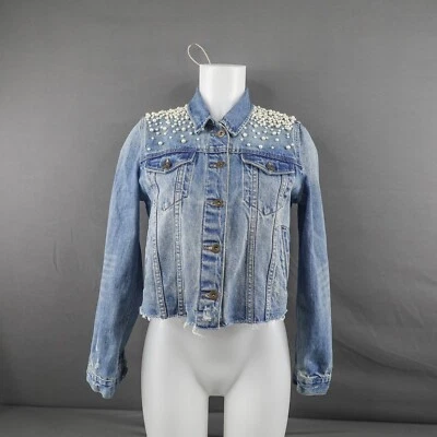 Womens Denim Jacket Small Blue Beaded Y2K Cutoff Crop Indie Artsy Rock Grunge - Image 1 of 4