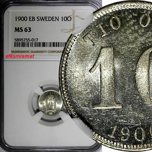 SWEDEN Oscar II (1872-1907) Silver 1900 EB 10 Ore NGC MS63 BU KM# 755 (017) - Picture 1 of 4