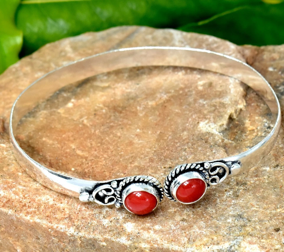 Italian Red Coral Gemstone 925 Sterling Silver Handmade Jewelry Bangle Size 7-8" - Image 1 of 1