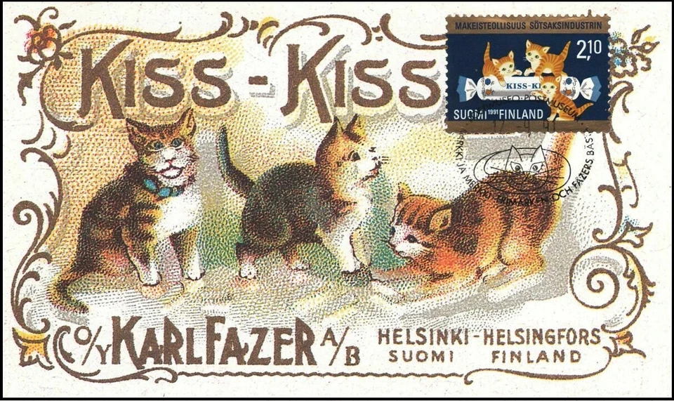 Fazer Candy Shop Kitten Cat Kiss Kiss Folio Stamp Mint Maxi Finland FDC 1991 - Image 1 of 1