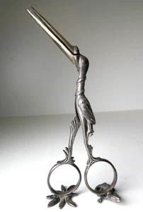 Antique Silverplate Fine Detail Midwife Clamp / Stork Ribbon Threader Scissors - Picture 1 of 13