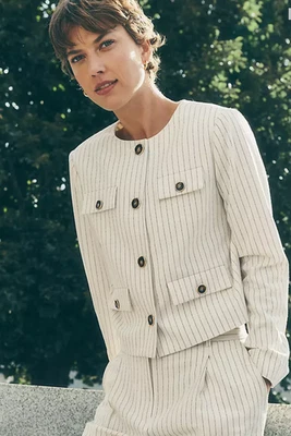 CHAQUETA CUELLO REDONDO A RAYAS MARFIL MELANGE POLVORIENTA ANN TAYLOR NUEVA CON ETIQUETAS TALLA 2 Foto 1 de 4