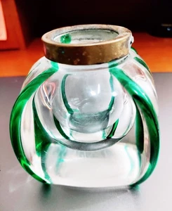 ATEMBERAUBENDES Vintage Art Deco Kristallglas Tintenfass mit grünem, mundgeblasenem Sterling Deckel 3" - Bild 1 von 6