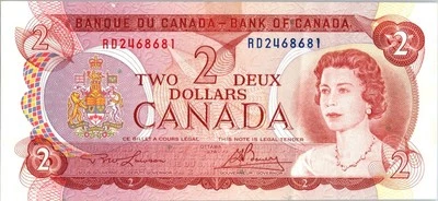 VINTAGE CANADA BANKNOTE 1974 2  DOLLAR PREFIX RD   NO455 - Image 1 of 2