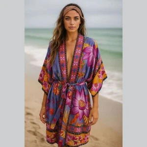 VTG Tropical Floral Kimono Robe L Lounge Boho Wrap Purple Magenta Maxi Duster - Picture 1 of 11