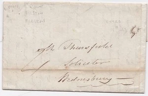 1825 RARE BILSTON FLEURON POSTMARK LETTER EXTRA 1d ? CHARGED >WEDNESBURY STAFFS - Picture 1 of 3