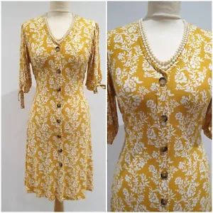 Vintage 1940s 1950s Style Stretchy Mustard Gold Floral Summer Dress Size UK 10 - Picture 1 of 9