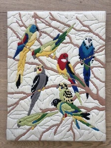 Complete Vintage Crewel Embroidery  Parrots Tropical in a Tree 16" x 12" - Picture 1 of 9