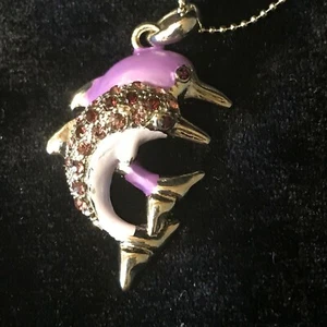 New Dolphin Pendant Necklace Enamel Purple Lilac Rhinestone Double Fish NFL Fan - Picture 1 of 11