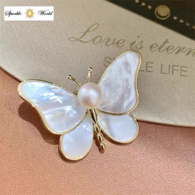 Белый жемчуг и золото бабочка брошь для женщин заколка пальто брошь Jellery подарок - Изображение 1 из 4