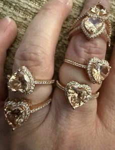 Rose Gold Plated 925 Sterling Silver Morganite Heart CZ Ring 925 Size 8 - Picture 1 of 1