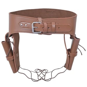 COWBOY WESTERN STYLE GUN REVOLVER DOUBLE HOLSTER BELT PLAIN TAN GENUINE LEATHER - Picture 1 of 8