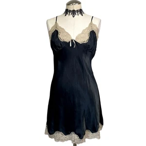 Vintage Satin and Lace Cream and Black Gothic Dark Coquette Bow Mini Slip Dress - Picture 1 of 12