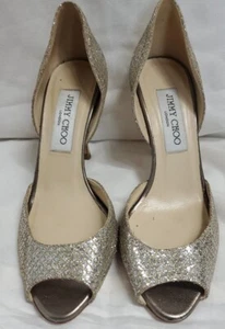 Jimmy Choo Pumps Metallic Glitzer Silber Gold Logan D'orsay Peeptoe Schuhe EU 35 - Bild 1 von 11