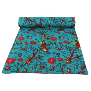 Bird Print Kantha Quilt Indian Cotton Bedspread Handmade Quilt Throw Blanket Art - Picture 1 of 2