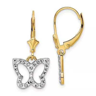 Real 14kt & White Rhodium Diamond Cut Butterfly Leverback Earrings - Image 1 of 4