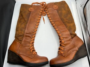 Reneeze Boots Tall Womens 7 Wedge Heel Joyce Lace Up 38 ONE ZIPPER MISSING - Picture 1 of 11