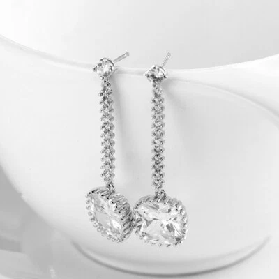 Pendientes de gancho de plata topacio blanco fuego cuadrado estilo largo europeo para mujer niña Foto 1 de 4