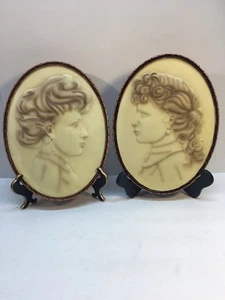 Cameo Victorian Woman Ceramic Oval Wall Plaques Vintage 9.5” (2) Signed WMG “06” - Picture 1 of 6