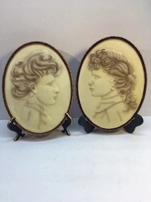 Cameo Victorian Woman Ceramic Oval Wall Plaques Vintage 9.5” (2) Signed WMG “06” - Image 1 of 4