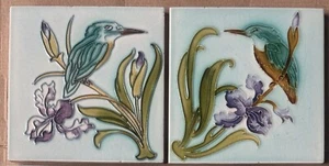 ANTIQUE TUBE LINED MAJOLICA 2 TILES - HEMIXEN BELGIUM C1900 (Birds) - Picture 1 of 3