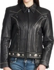 Women's Stud and Concho Black Leather Motorcycle Jacket - Picture 1 of 2