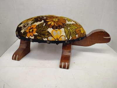 Vintage Handmade Floral Turtle Shaped  Wood Foot stool - Image 1 of 4