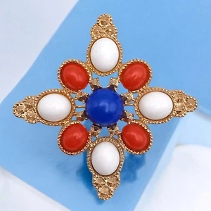 Vintage Sarah Coventry patriotisches Malteserkreuz rot weiß blau goldfarben Anstecknadel Brosche - Bild 1 von 7