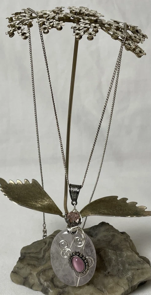 Collar Tono Plata Grueso Genuino Cuarzo Colgante Cadena Cable Foto 1 de 4