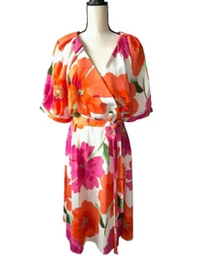 NWT Maison Tara Dress Floral Wrap Puff Sleeves Belt Orange Pink Flowers Chic 24W - Picture 1 of 7