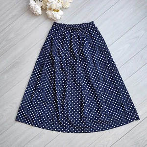 vintage 80s Lilli Ann Skirt Navy Polka Dot Secretary Pleated Elastic Midi S/M - Picture 1 of 6
