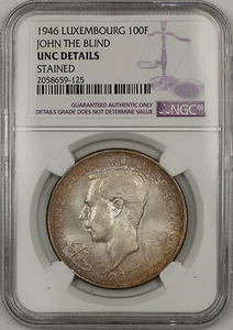 1946 Luxembourg John the Blind 100F Silver NGC UNC Details Stained (Better Coin) - Picture 1 of 2