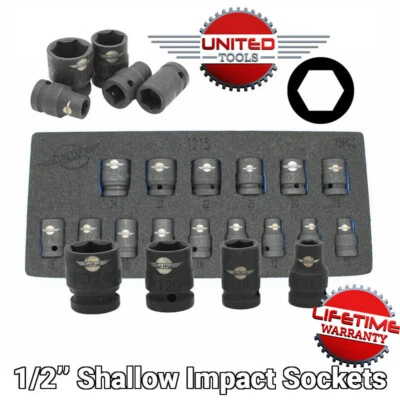 15pc 1/2"Inch Drive IMPACT Socket FORM Set Shallow Impact Sockets 10mm-24mm 6PT - Image 1 of 4