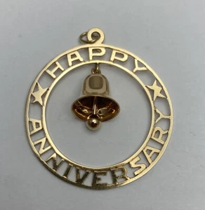 Vintage 14k solid gold Happy Anniversary Bell Pendant Charm 5.1 Grams - Picture 1 of 7