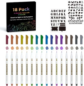18 Pack Metallic Marker Pens, Lineon 16 Colors Fine Tip Paint Pens with 2 Stenci - Picture 1 of 12