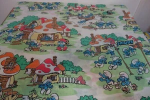 Vintage 1980's Smurfs Top Flat Twin Bed Sheet - Picture 1 of 3
