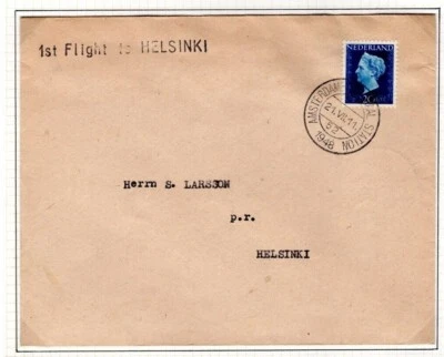 NETHERLANDS/FINLAND Air Mail 1948 Cover FIRST FLIGHT Helsinki *AVION* CDS DL308 - Image 1 of 4