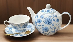 Harvest Green Studio Blue White Floral British Tea Set Pot Cup Saucer & Spoon - Picture 1 of 21