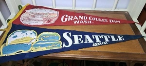 Due pennant vintage dello Stato di Washington bandiere in feltro Seattle Grand Coolie Dam - Foto 1 di 3