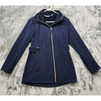 Abrigo Free Country Mujer S Azul Imitación Piel Forrado Detalle Hebilla Lateral Cremallera Completa Con Capucha Foto 1 de 4