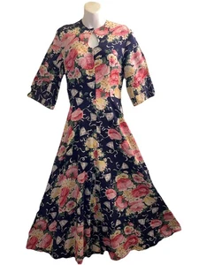 Vintage 1930er strukturiertes Blumen & Fächer Baumwolle Garten Tag KLEID von Colonial Silver - Bild 1 von 9