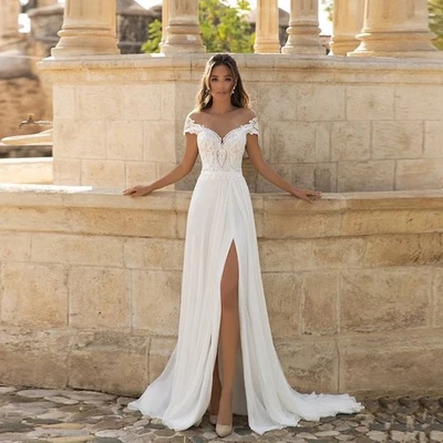 Side Slit Applique White Wedding Dresses Exquisite Bridal Gowns Sweep Train - Image 1 of 4