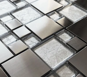 New Brushed Silver Metal & Light Foil Glass Grey Square Mosaic Wall Tiles - 8mm - Picture 1 of 5